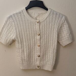 White Cable-Knit Short Sleeve Cardigan